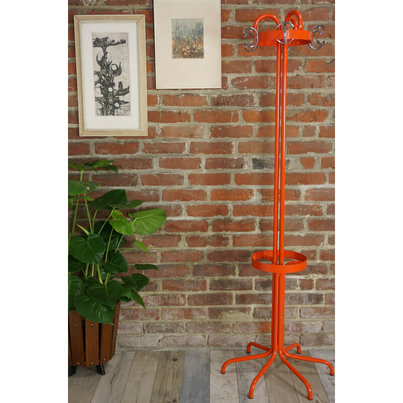 Vintage lacquered orange metal coat rack