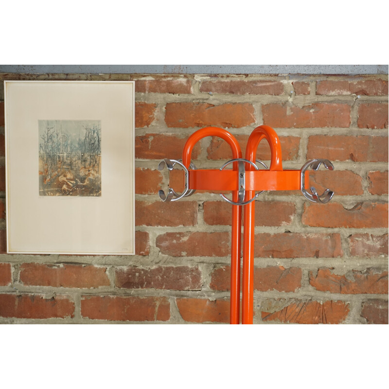 Vintage lacquered orange metal coat rack