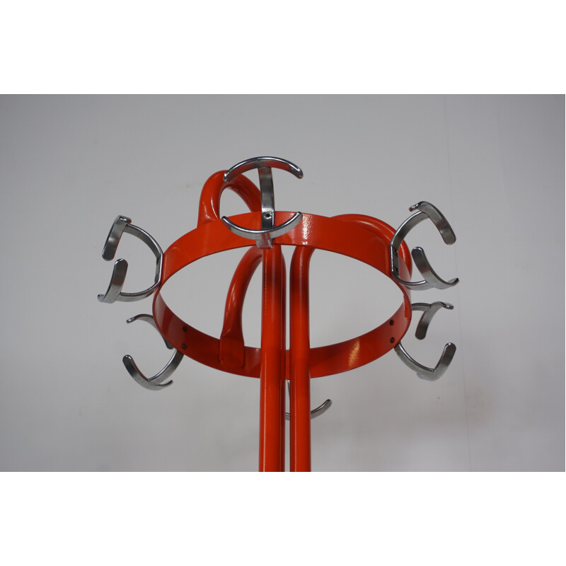 Vintage lacquered orange metal coat rack