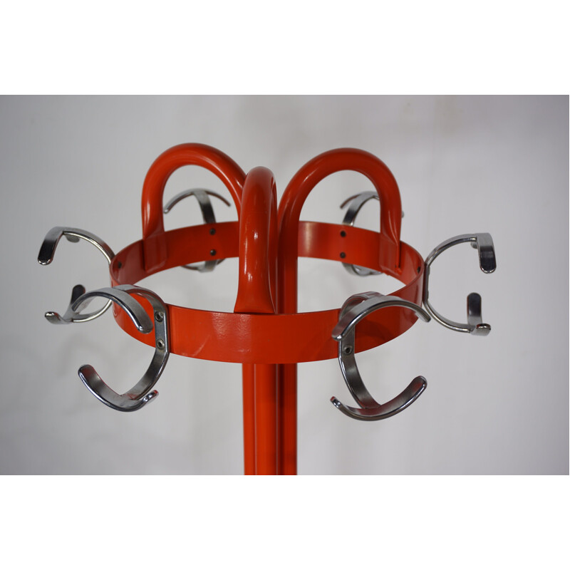 Vintage lacquered orange metal coat rack