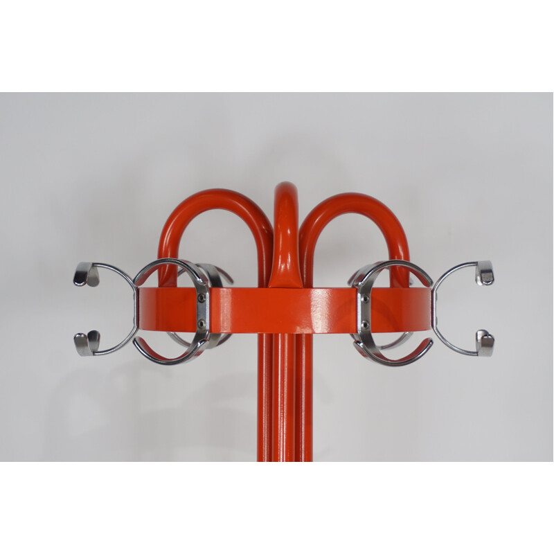 Vintage lacquered orange metal coat rack