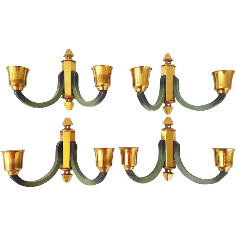 Set of 4 vintage wall lamps in steel and brass 1950