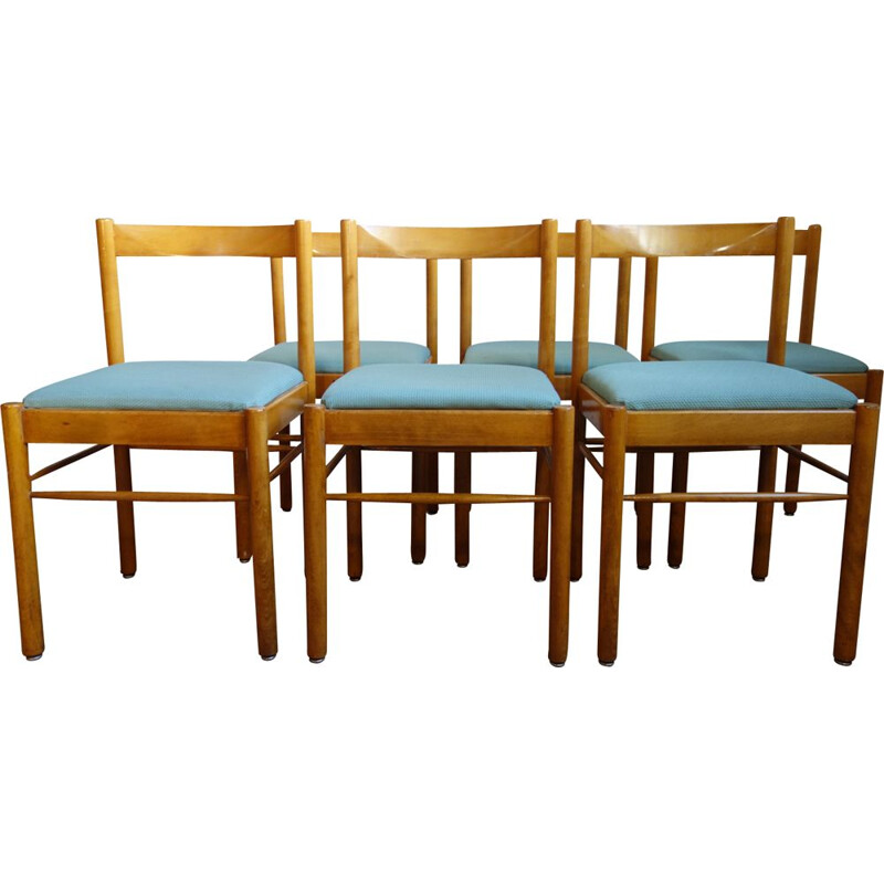 Set of 6 vintage wooden and fabric chairs Roche Bobois 1970