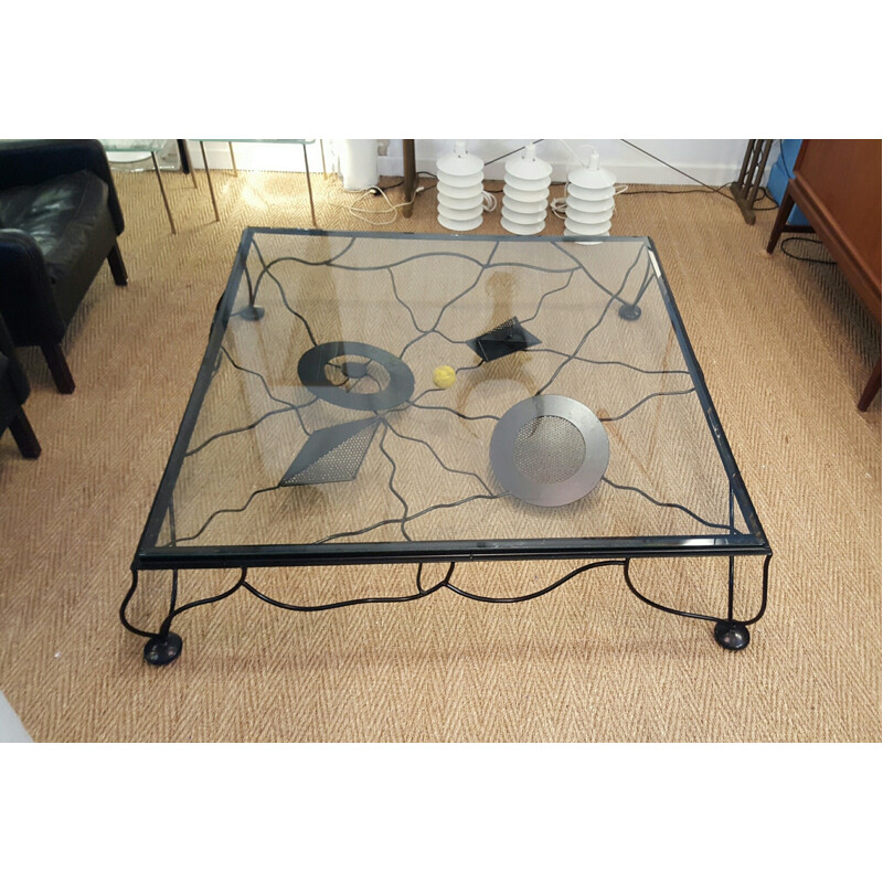 Coffee table in black lacquered metal and glass - 1980s