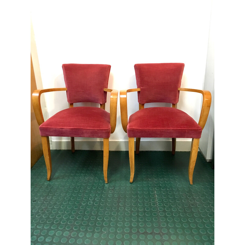 Set of 2 vintage French armchairs in pink velvet
