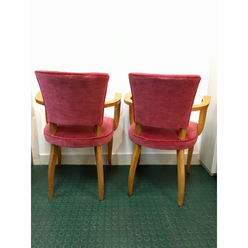 Set of 2 vintage French armchairs in pink velvet