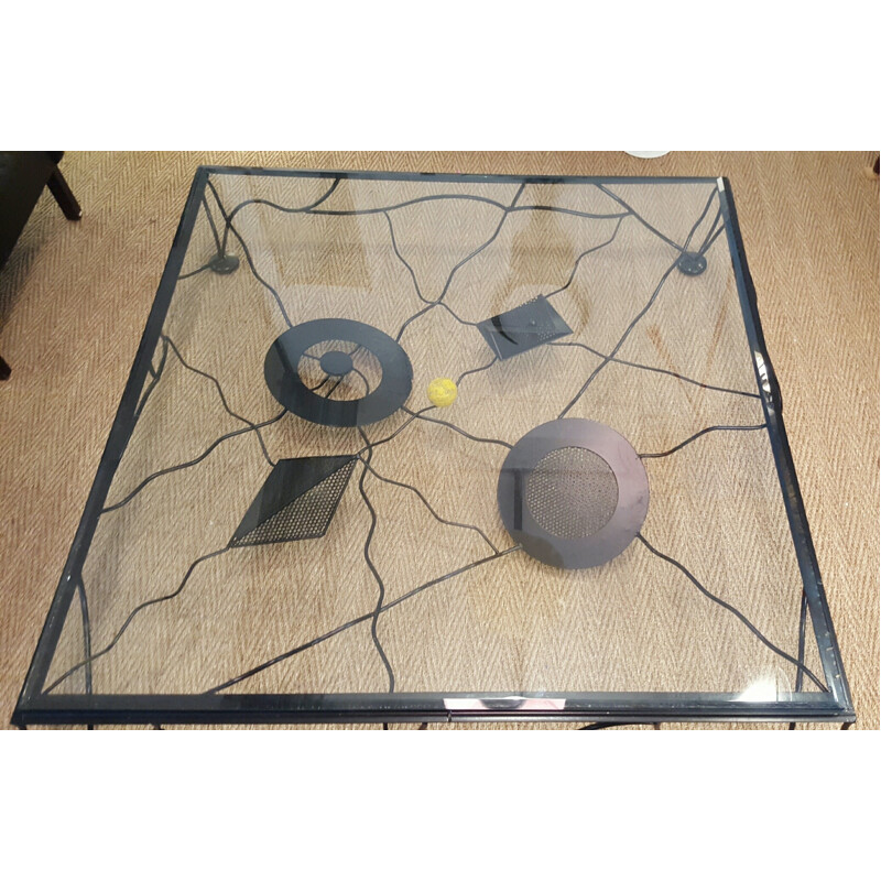 Coffee table in black lacquered metal and glass - 1980s