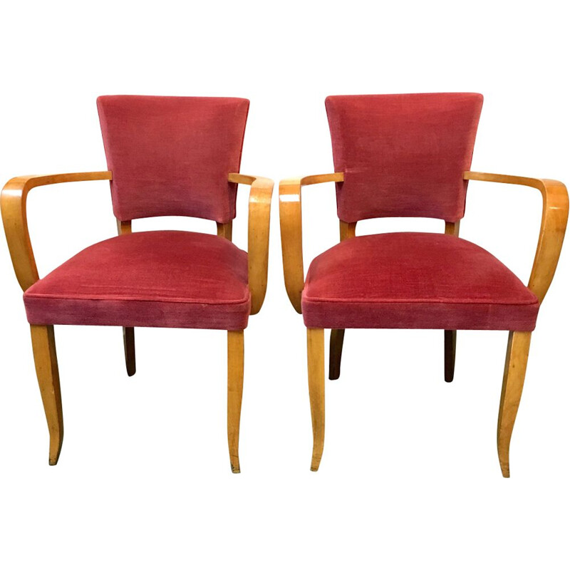 Set of 2 vintage French armchairs in pink velvet