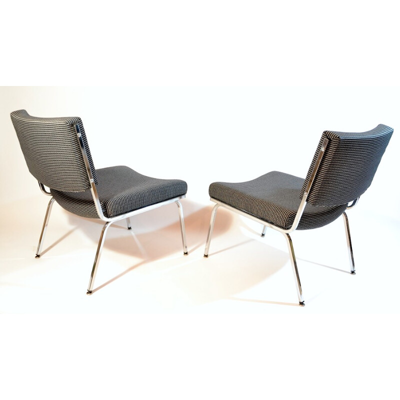Pair of vintage low chairs in black and white fabric and chromed metal - 1960s