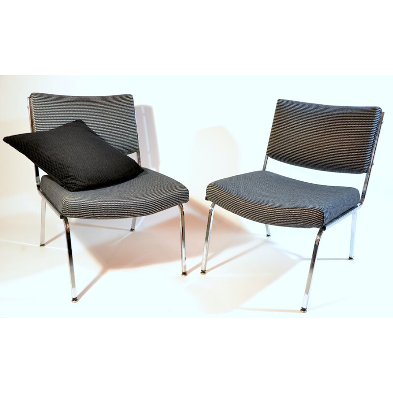 Pair of vintage low chairs in black and white fabric and chromed metal - 1960s