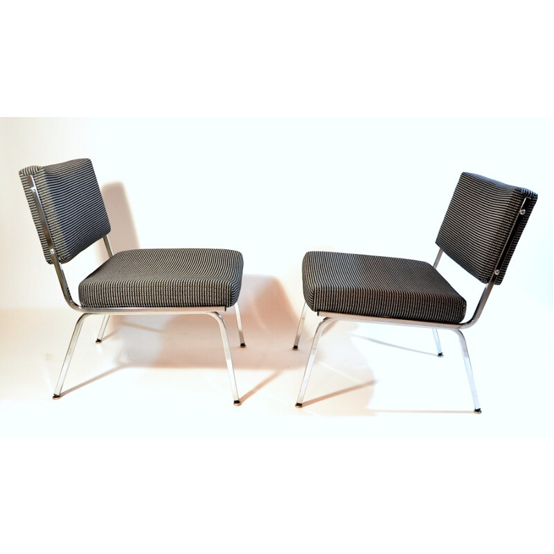 Pair of vintage low chairs in black and white fabric and chromed metal - 1960s