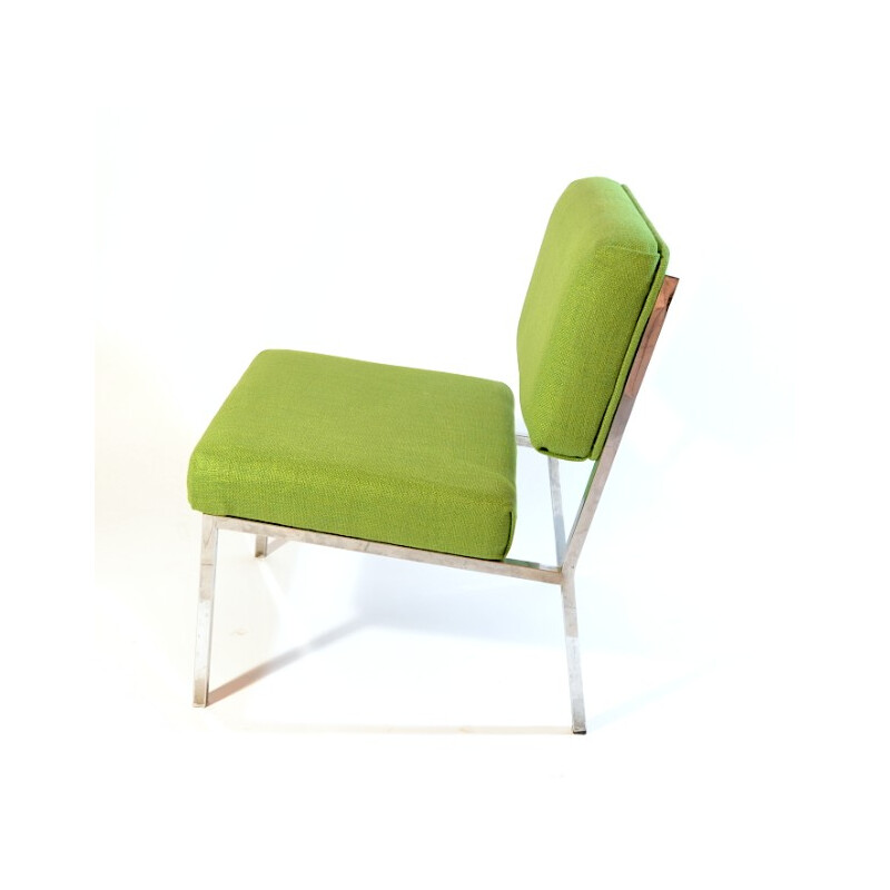 Vintage low chair in green fabric and chromed metal - 1970s