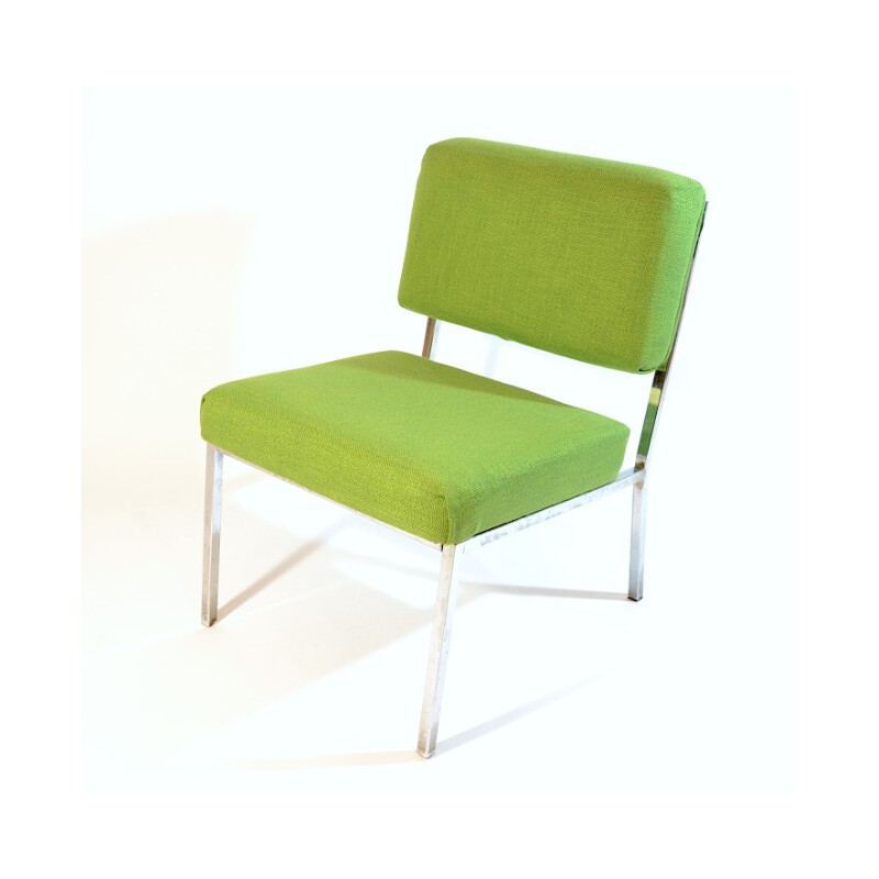Vintage low chair in green fabric and chromed metal - 1970s
