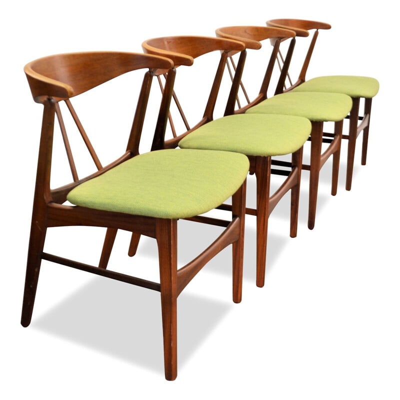 Ensemble de 4 chaises vintage vertes en teck et chêne 1960