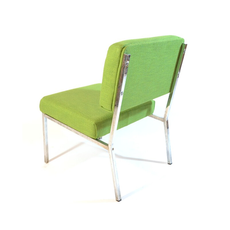 Vintage low chair in green fabric and chromed metal - 1970s