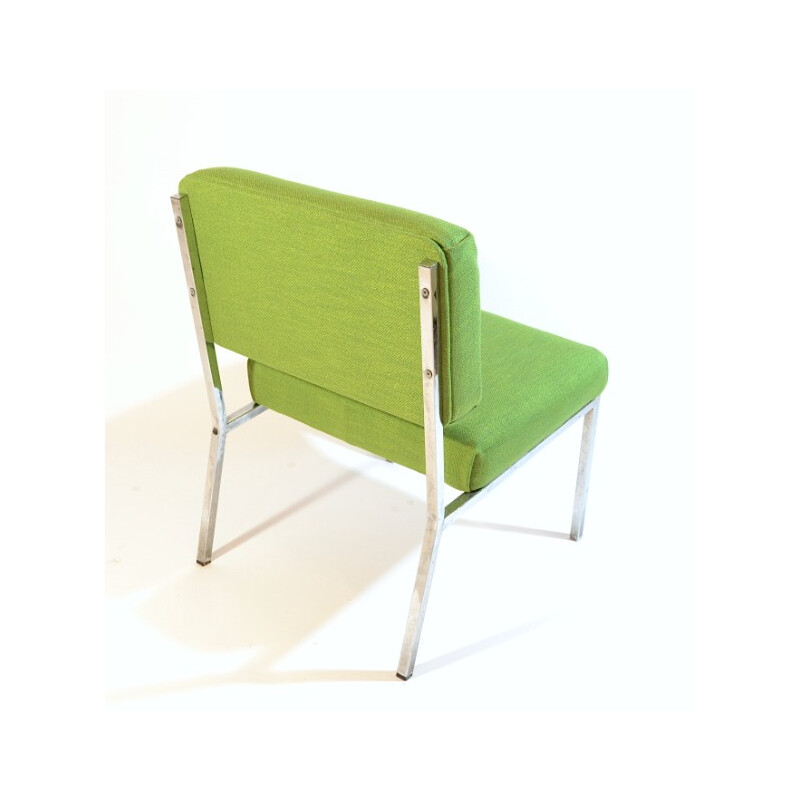 Vintage low chair in green fabric and chromed metal - 1970s