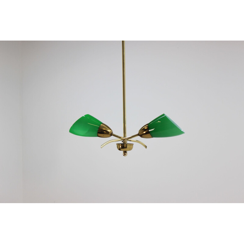 Vintage brass and green glass chandelier, Czechoslovakia