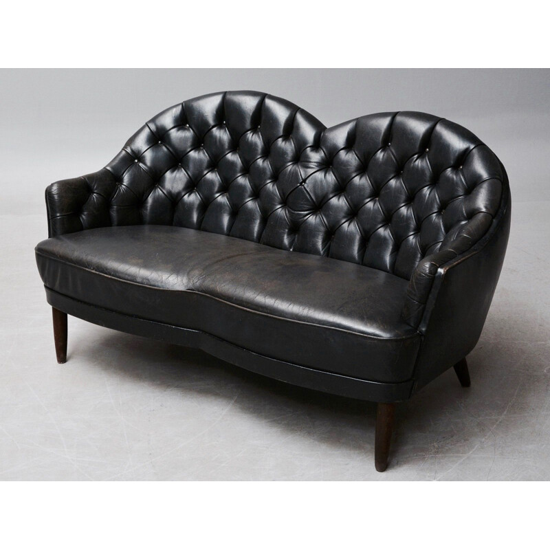 Vintage 2-seater sofa in black leather