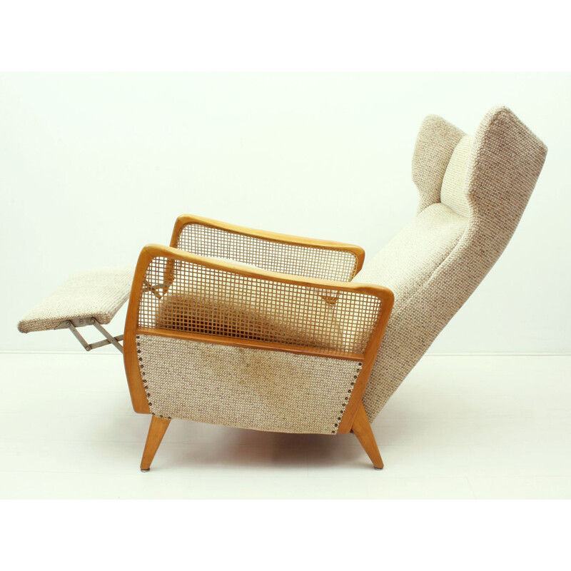 Reclining Lounge Chair in Cherrywood & Wool Fabric