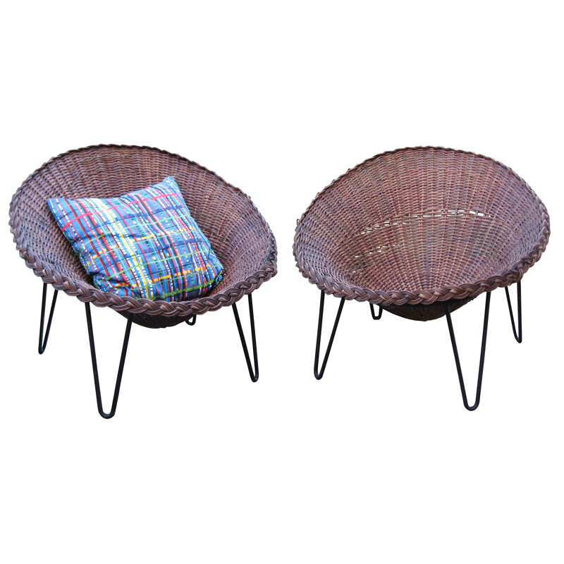 Paar Vintage-Sessel mit Körben aus geflochtener Weide, Frankreich 1950