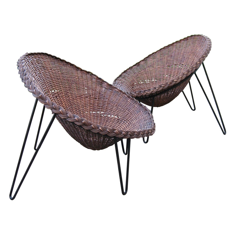 Pair of vintage wicker basket chairs, France 1950