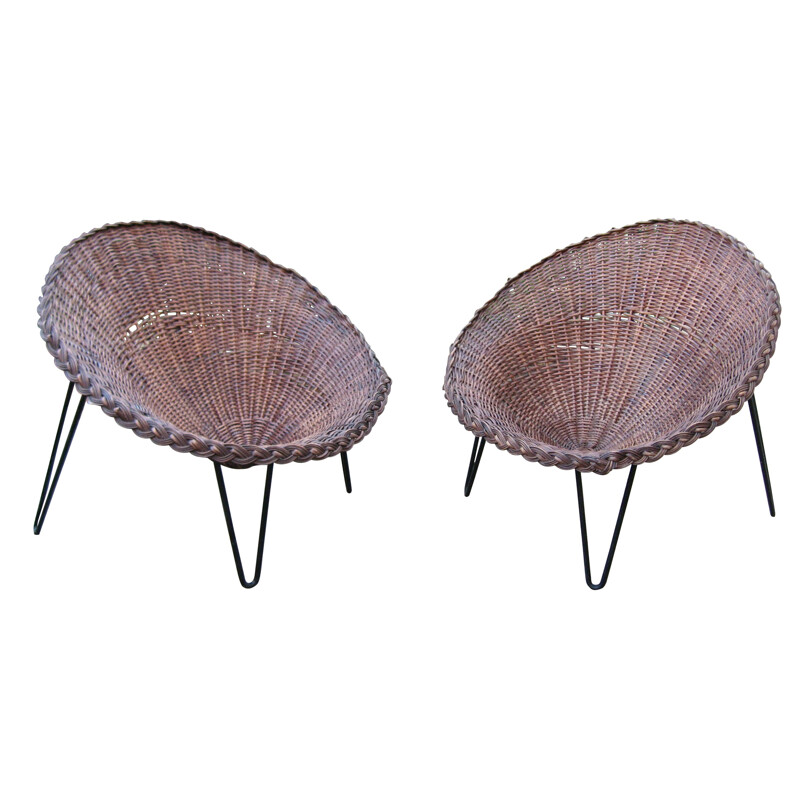 Pair of vintage wicker basket chairs, France 1950
