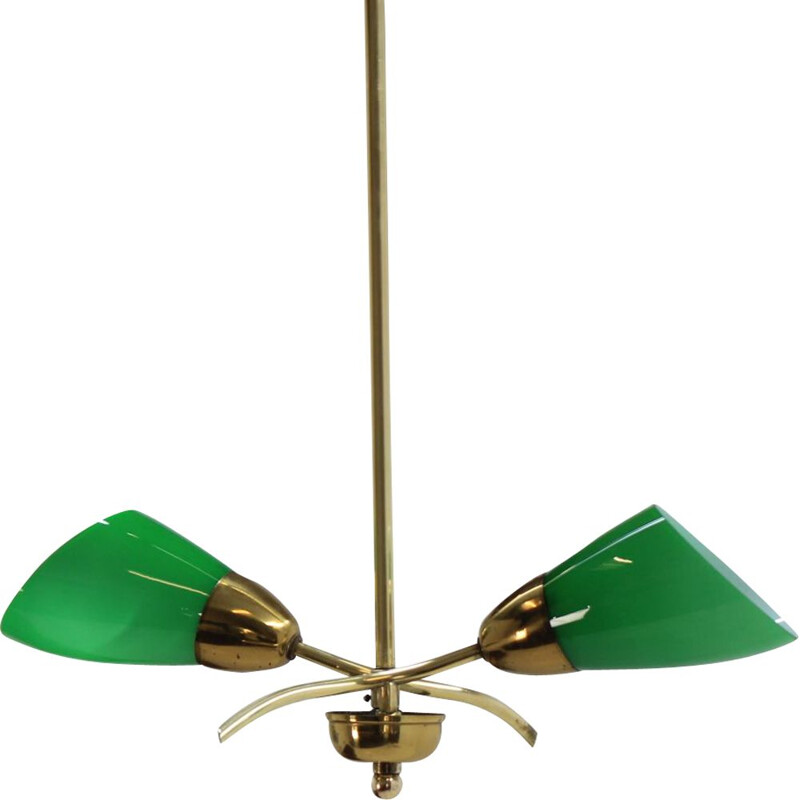 Vintage brass and green glass chandelier, Czechoslovakia