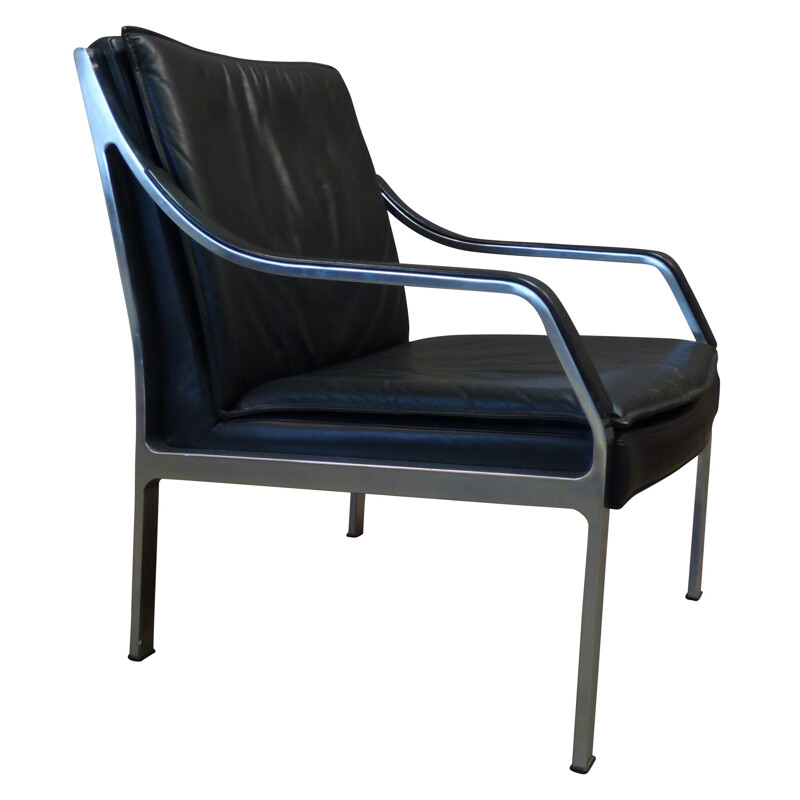 Fauteuil en cuir et acier brossé, Preben FABRICIUS et Jorgan KASTHOLM, édition Walter Knoll - 1960