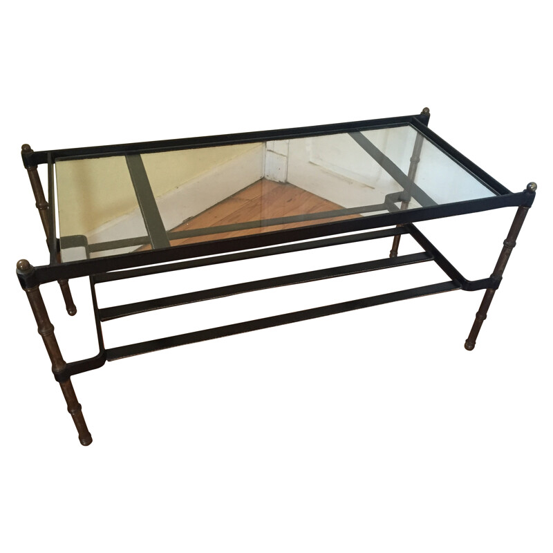 Coffee table in saddle-stitched black leather, bronze and glass, Jacques ADNET - 1950s