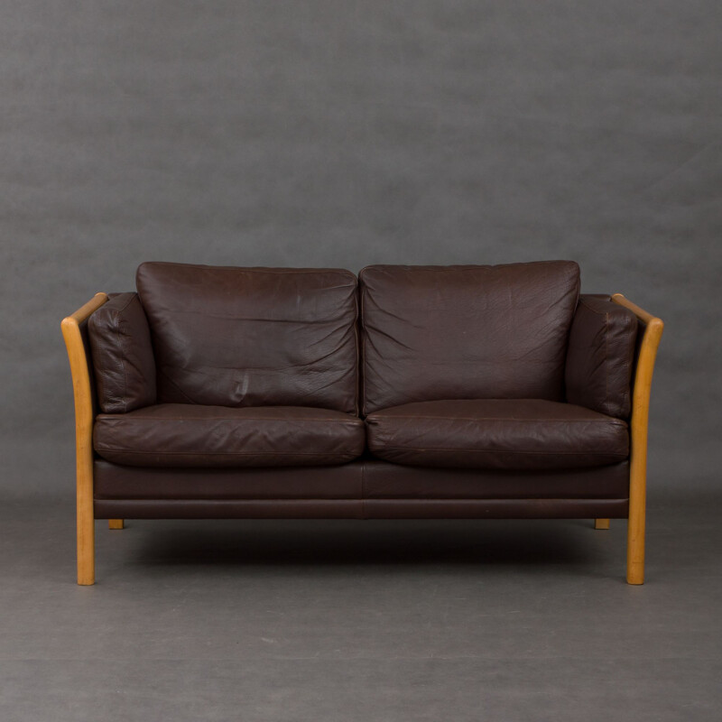 Danish 2-seater sofa in leather and beechwood