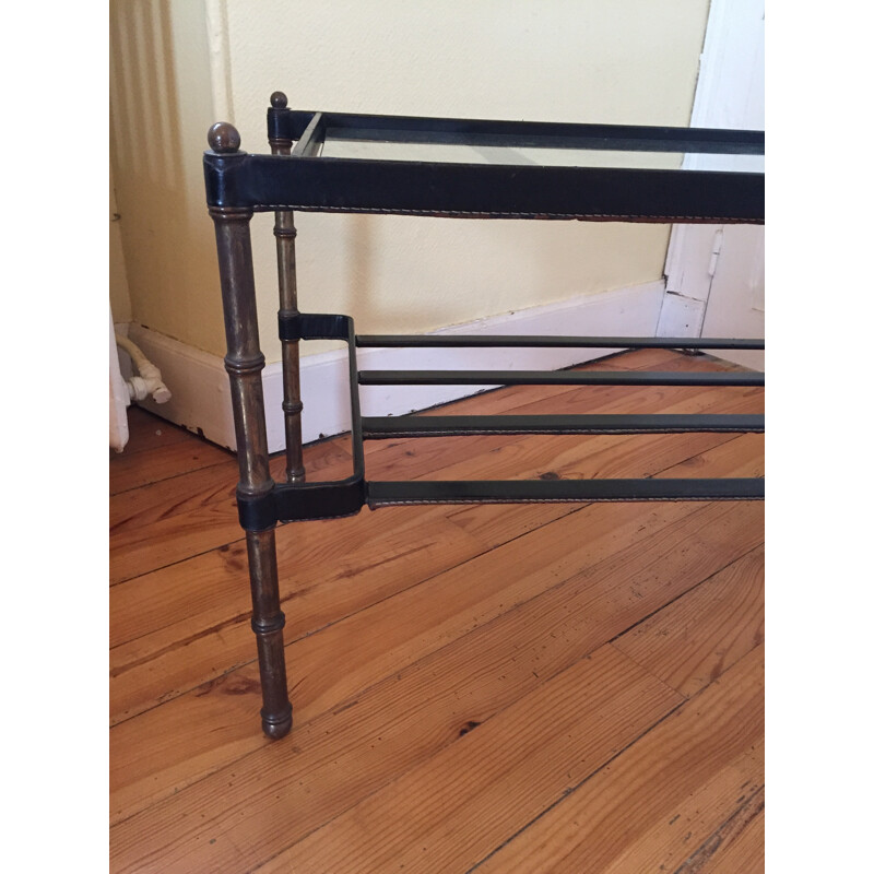 Coffee table in saddle-stitched black leather, bronze and glass, Jacques ADNET - 1950s