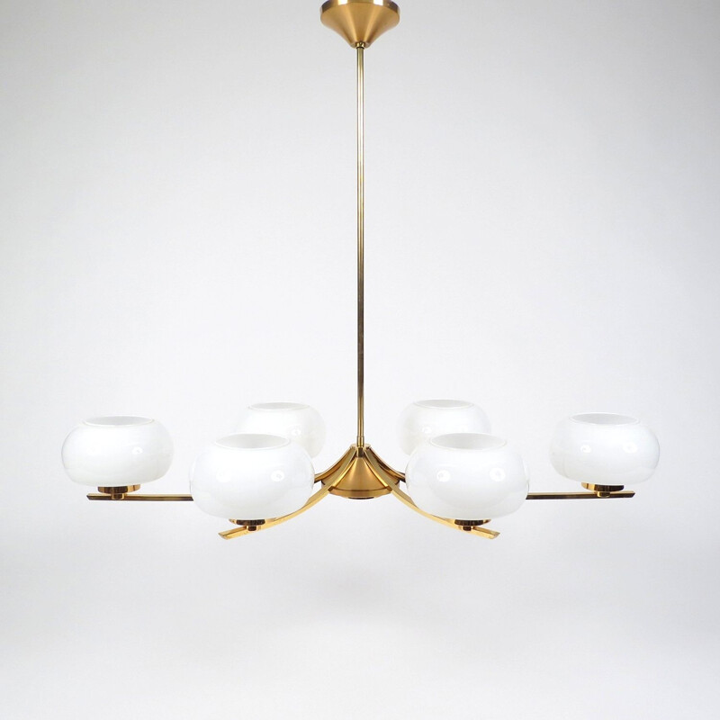 Vintage French chandelier in brass and opaline glass