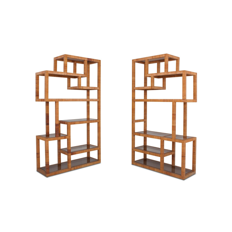 Set of 2 vintage claustra in rattan and smoked glass
