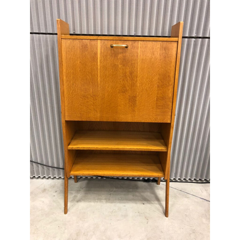 Vintage french writing desk in oak and in green leatherette 1950