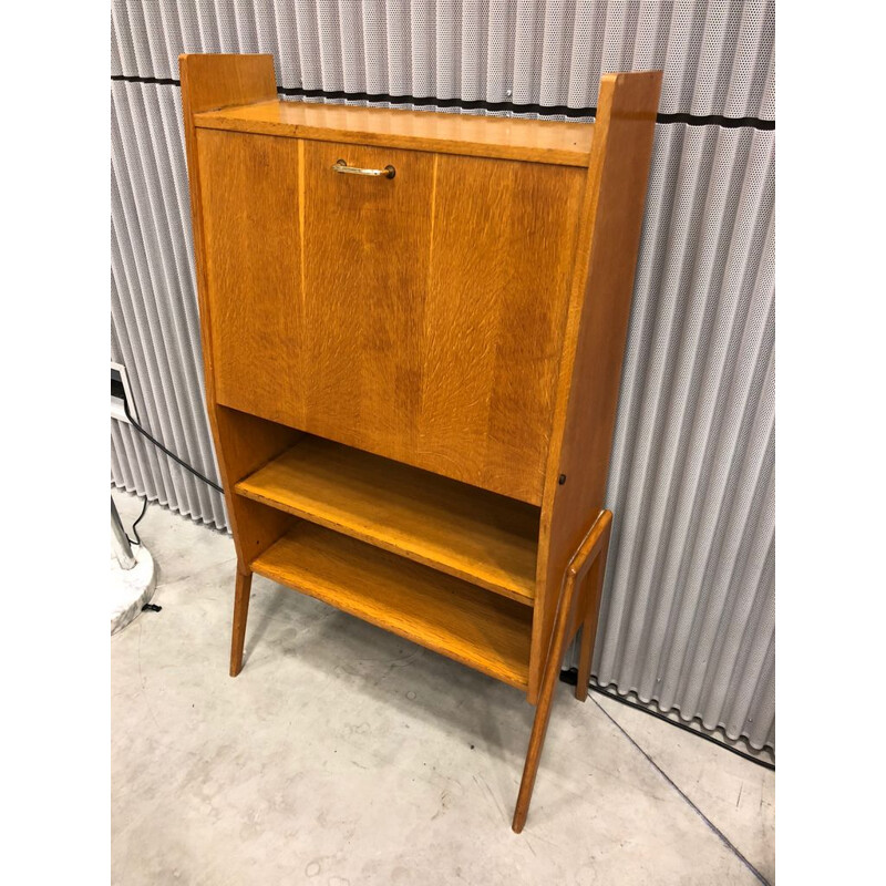 Vintage french writing desk in oak and in green leatherette 1950