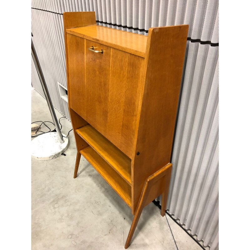 Vintage french writing desk in oak and in green leatherette 1950