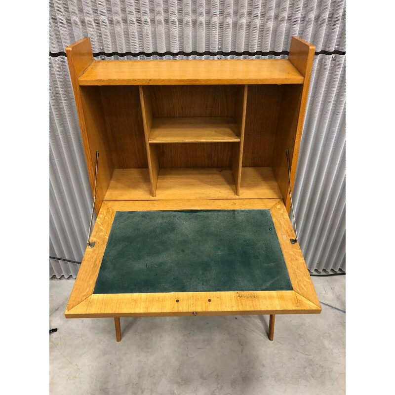 Vintage french writing desk in oak and in green leatherette 1950
