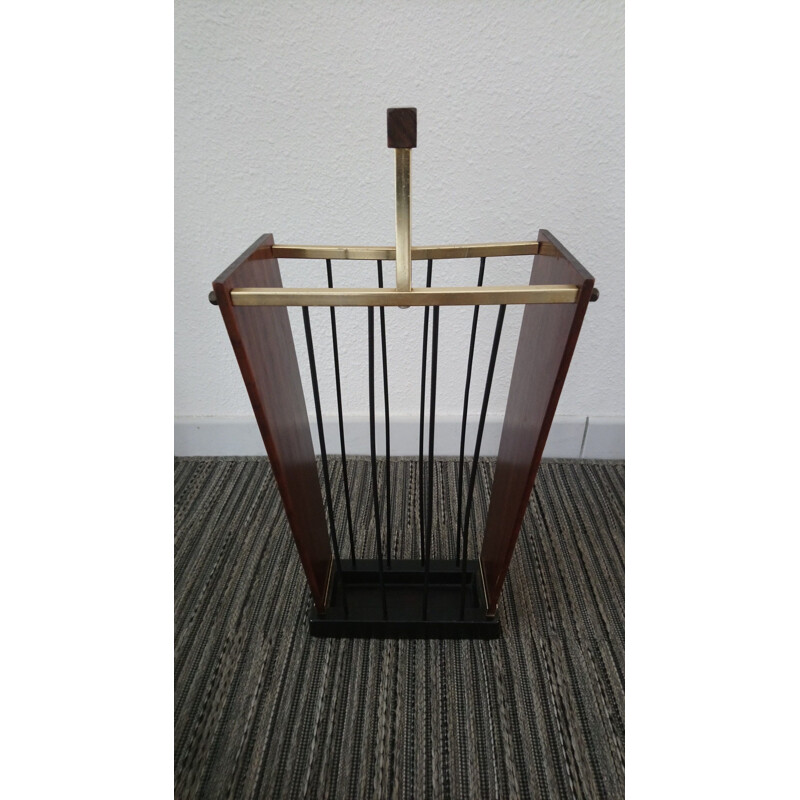 Vintage Erwi umbrella stand in wood, metal and brass 1960