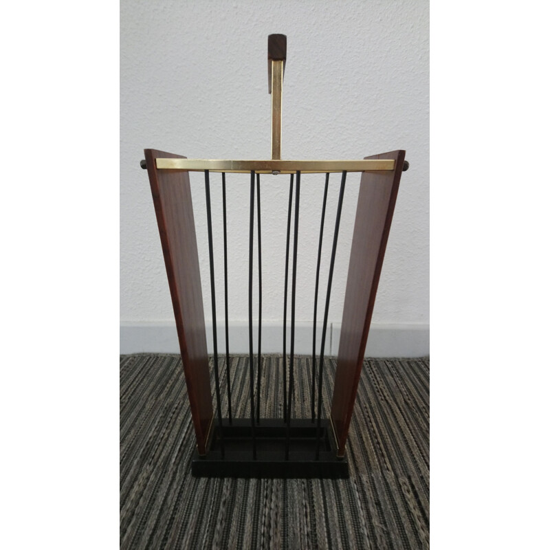 Vintage Erwi umbrella stand in wood, metal and brass 1960