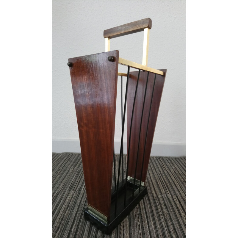 Vintage Erwi umbrella stand in wood, metal and brass 1960