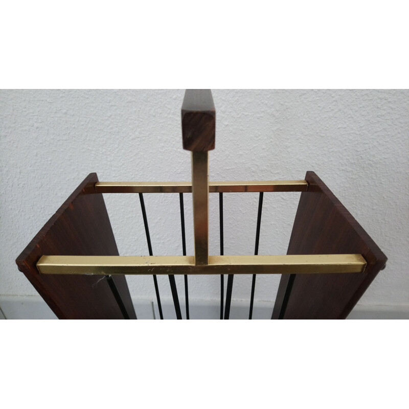 Vintage Erwi umbrella stand in wood, metal and brass 1960