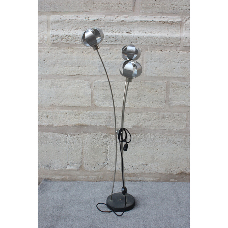Vintage french floor lamp with 3 arms in silver steel 1970
