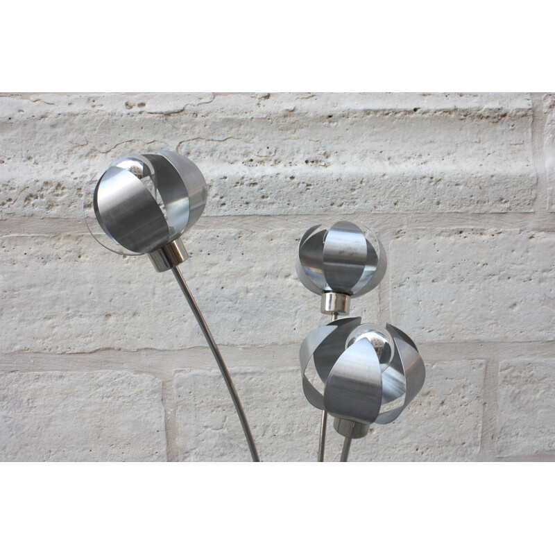 Vintage french floor lamp with 3 arms in silver steel 1970