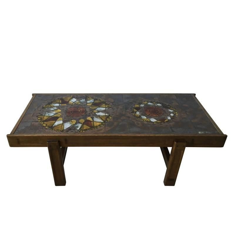 Vintage coffee table in oak and ceramic by J. Belarti