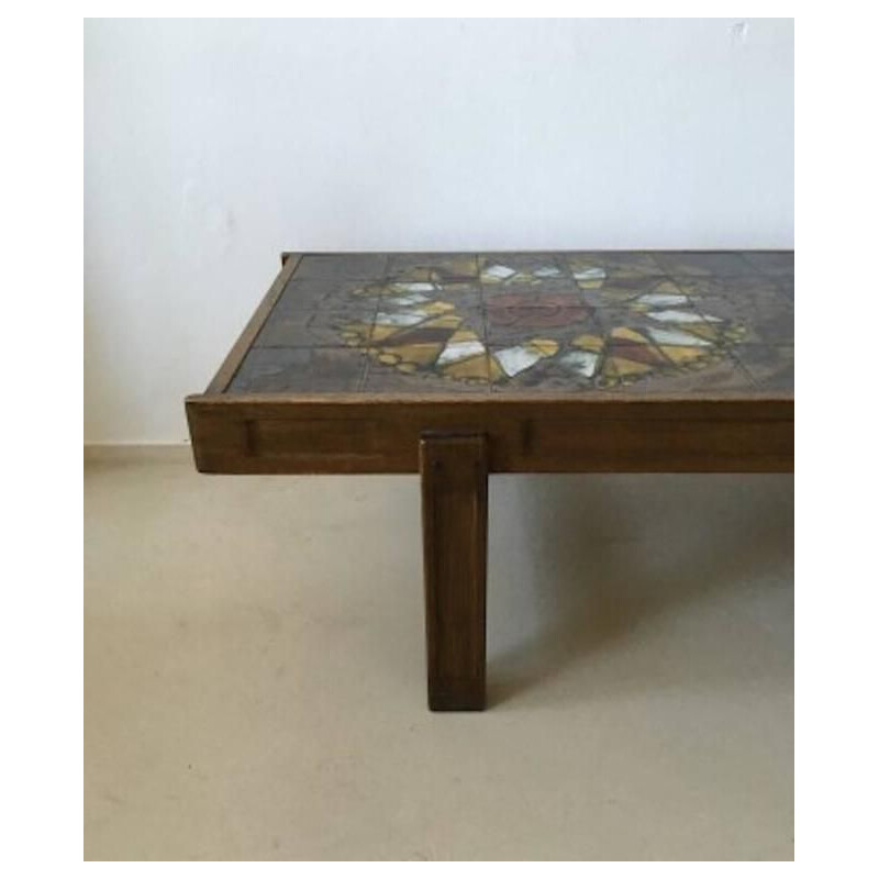 Table basse vintage en chêne et céramique par J. Belarti