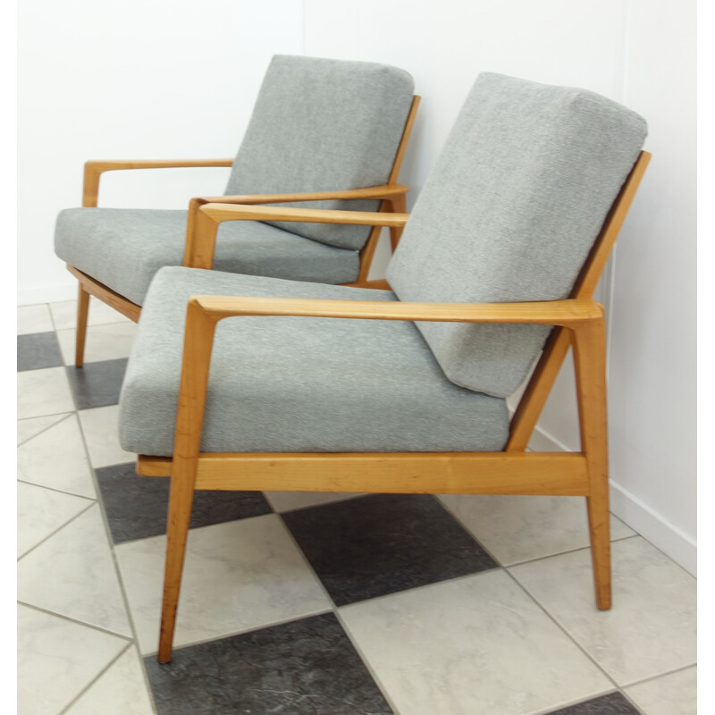 Set of 2 vintage grey armchairs in wood, by Knoll Antimott