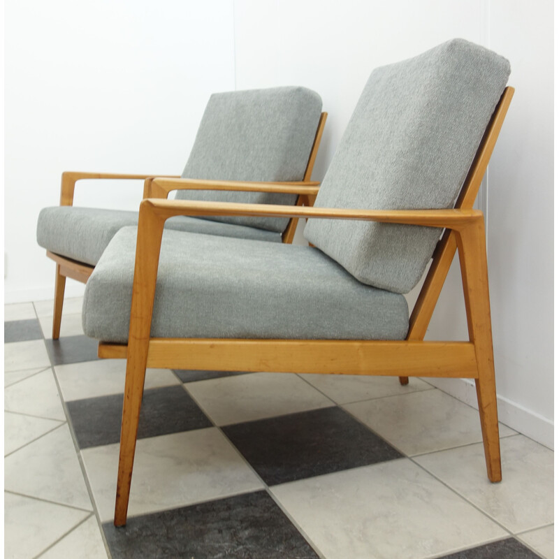 Set of 2 vintage grey armchairs in wood, by Knoll Antimott