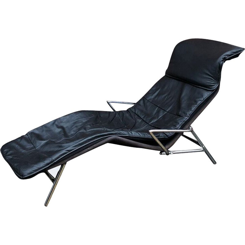 Chaise longue vintage scandinave en cuir et tissu 1980