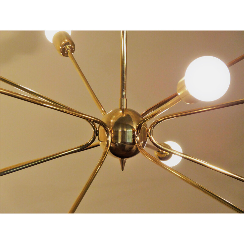 Vintage Spoutnik 12 arms chandeliers in copper and brass 1950