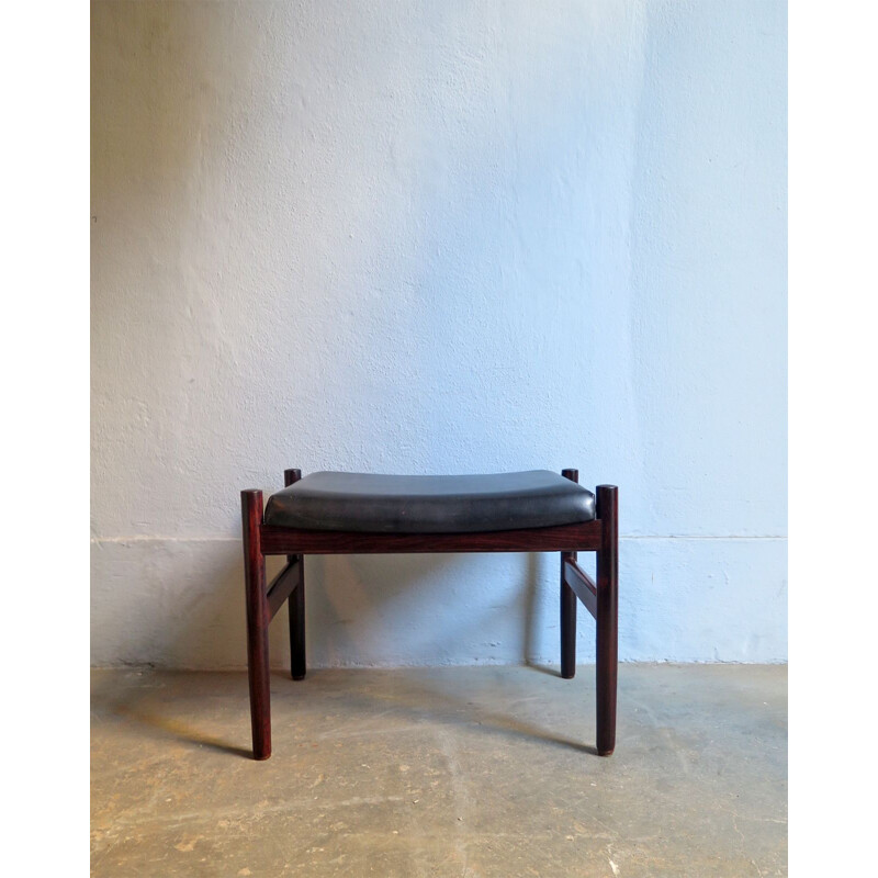 Vintage stool made of rosewood and faux black leather